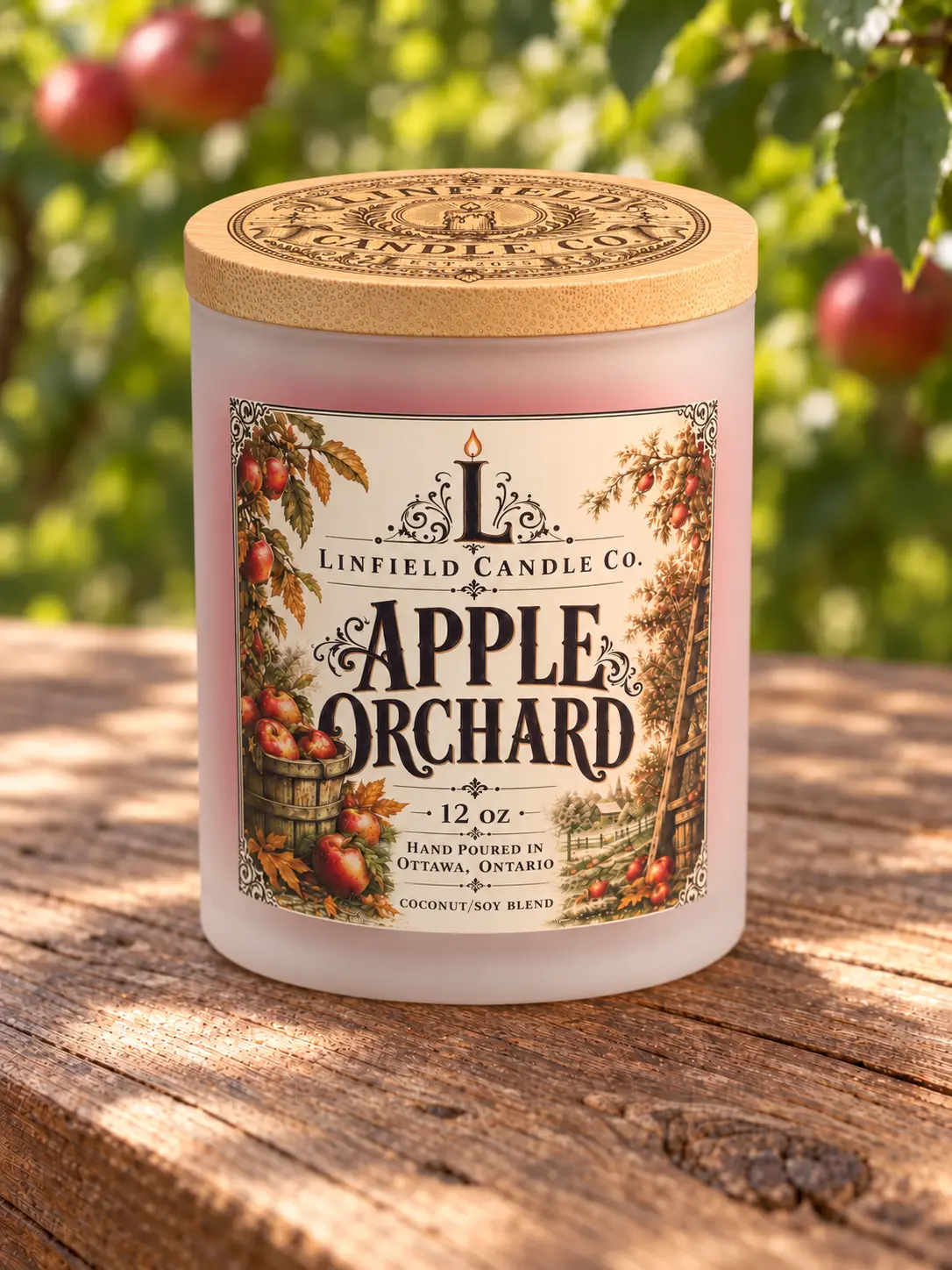 Apple Orchard candle with red wax in frosted white glass and an engraved bamboo lid