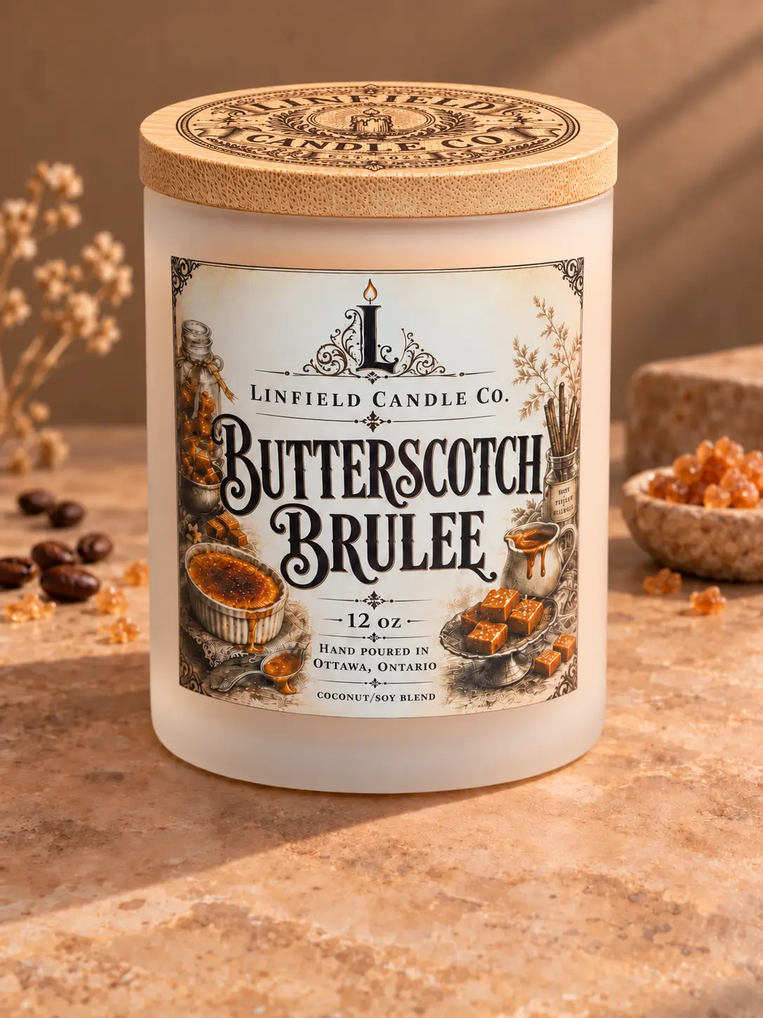 Butterscotch Brulee two-wick coconut soy candle on a warm caramel-toned background