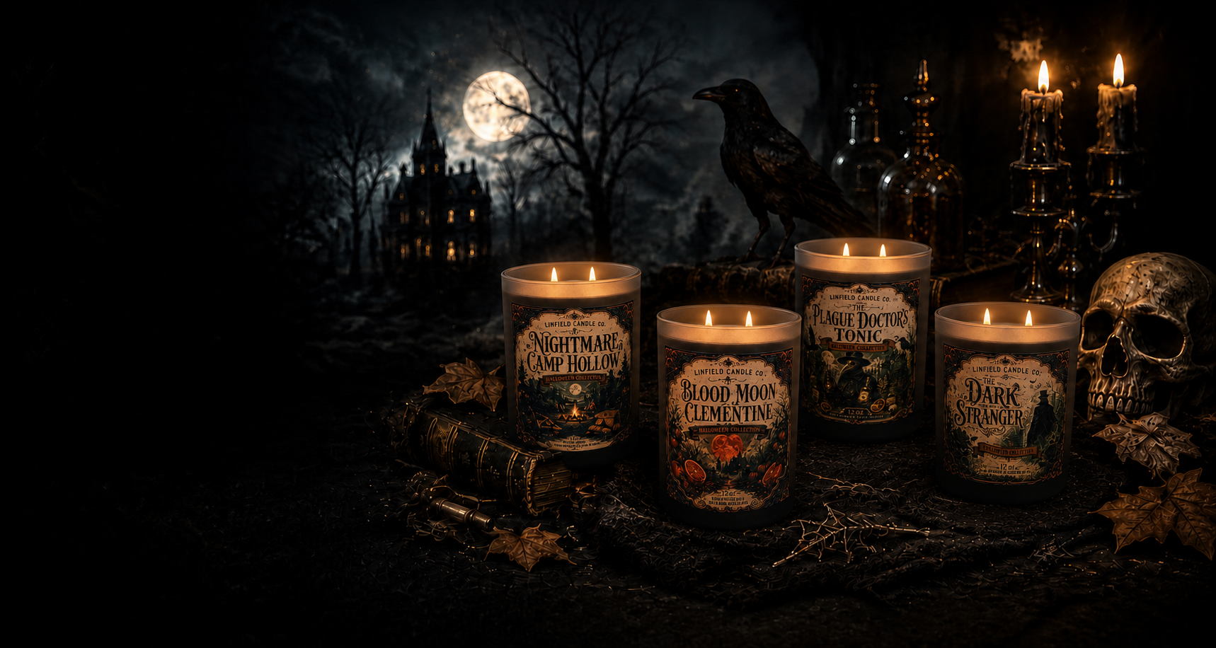 Four lit Linfield Halloween candles on a moonlit Victorian manor table