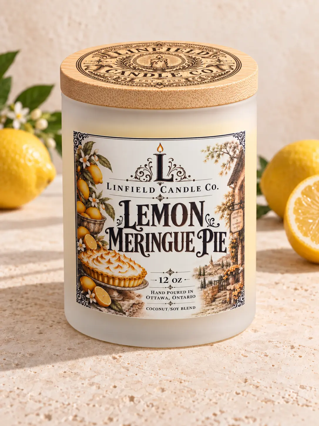 Lemon Meringue Pie two-wick coconut soy candle styled with fresh lemons