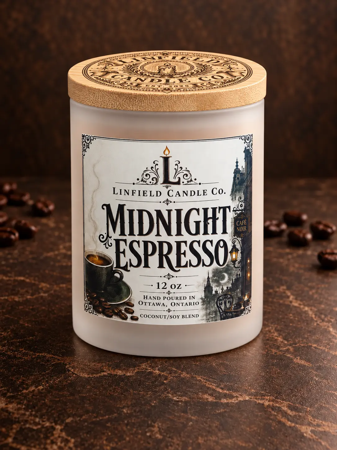 Midnight Espresso two-wick coconut soy candle on a dark coffee-inspired background