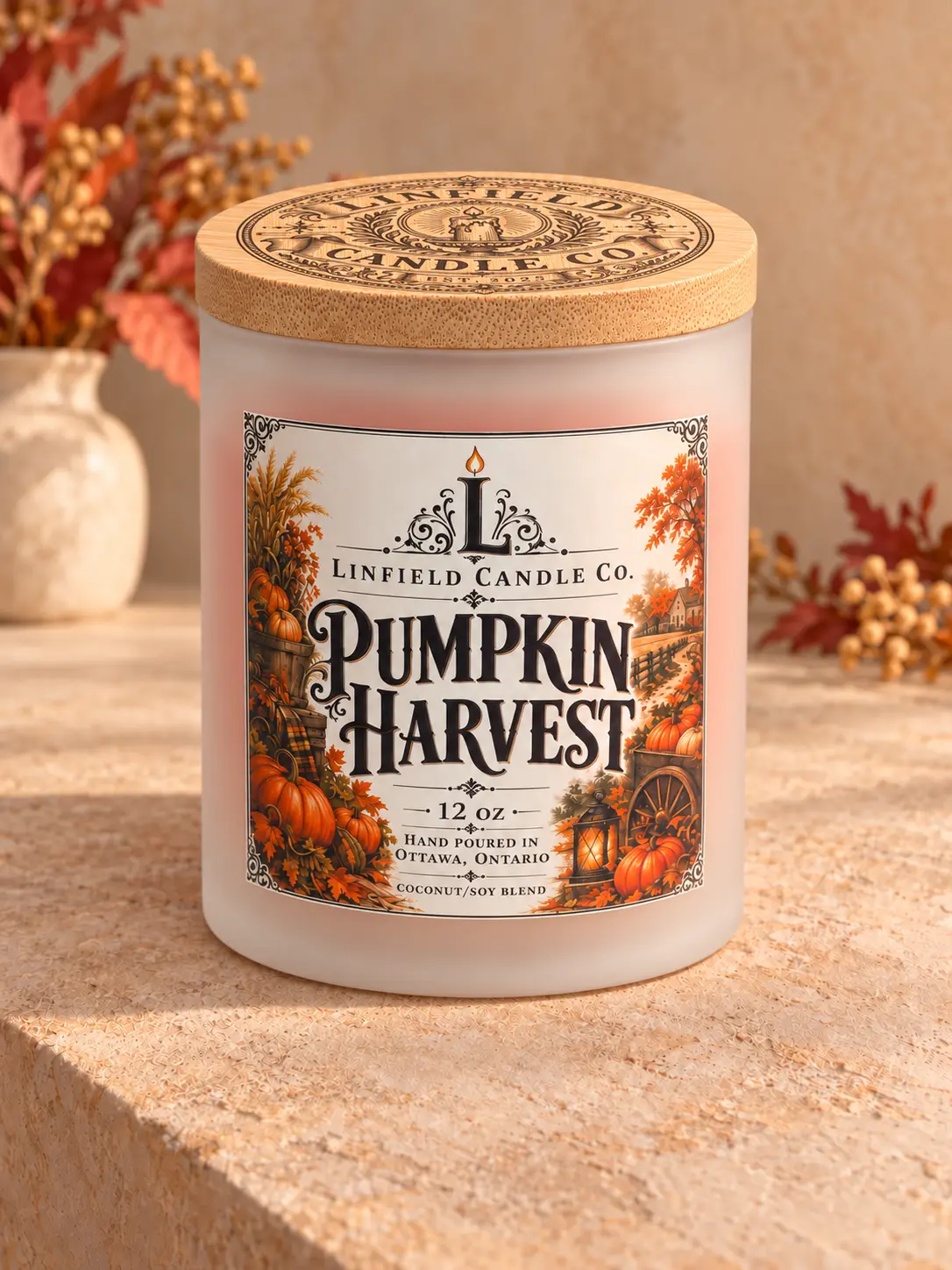 Pumpkin Harvest two-wick coconut soy candle on a restrained autumn background